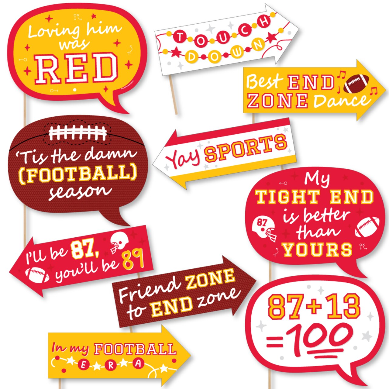 Big Dot of Happiness Funny In My Football Era - Red and Gold Sports Party Photo Booth Props Kit - 10 Piece